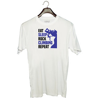                       UDNAG Unisex Round Neck Graphic 'Climbing | Eat sleep copy 2' Polyester T-Shirt White                                              