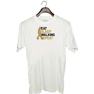                       UDNAG Unisex Round Neck Graphic 'Walking | Eat sleep copy 6' Polyester T-Shirt White                                              