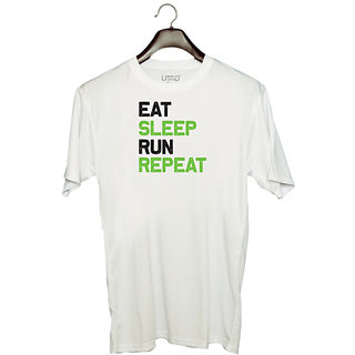                       UDNAG Unisex Round Neck Graphic 'Running | Eat sleep copy' Polyester T-Shirt White                                              