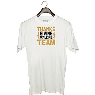                       UDNAG Unisex Round Neck Graphic 'Walking | Thanks copy' Polyester T-Shirt White                                              