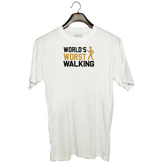                       UDNAG Unisex Round Neck Graphic 'Walking | World's copy 2' Polyester T-Shirt White                                              