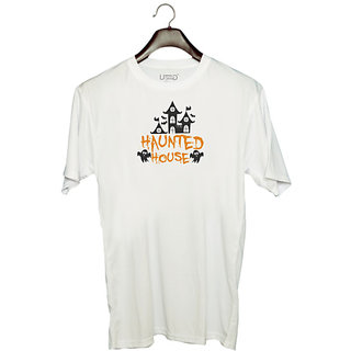                       UDNAG Unisex Round Neck Graphic 'Haunted | Haunted House copy' Polyester T-Shirt White                                              