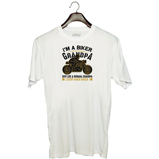                       UDNAG Unisex Round Neck Graphic 'Grand Father | I'm a biker' Polyester T-Shirt White                                              