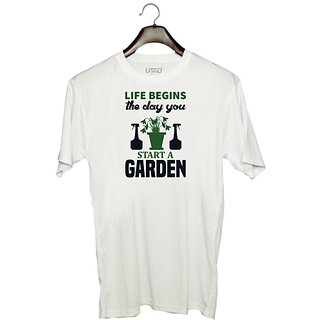                       UDNAG Unisex Round Neck Graphic 'Garden | Life begins' Polyester T-Shirt White                                              