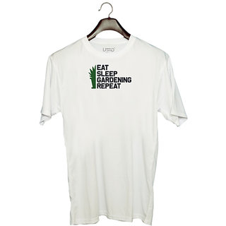                       UDNAG Unisex Round Neck Graphic 'Garden | Eat sleep' Polyester T-Shirt White                                              