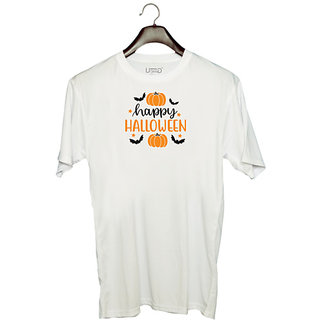                       UDNAG Unisex Round Neck Graphic 'Halloween | Happy Halloweenn' Polyester T-Shirt White                                              