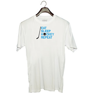                       UDNAG Unisex Round Neck Graphic 'Hockey | eat' Polyester T-Shirt White                                              