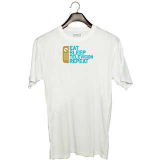                       UDNAG Unisex Round Neck Graphic 'TV | Eat sleep copy 7' Polyester T-Shirt White                                              