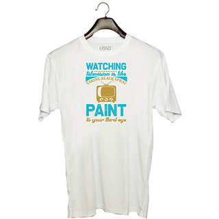                       UDNAG Unisex Round Neck Graphic 'TV | Watching' Polyester T-Shirt White                                              