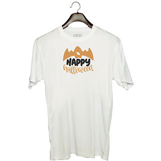                       UDNAG Unisex Round Neck Graphic 'Halloween | Happy Halloween_1' Polyester T-Shirt White                                              