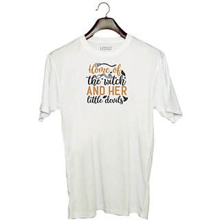                       UDNAG Unisex Round Neck Graphic 'Halloween | Home of the witch and her little devils' Polyester T-Shirt White                                              