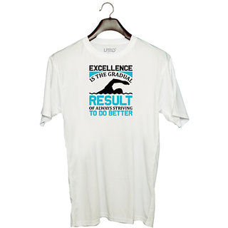                       UDNAG Unisex Round Neck Graphic 'Swimming | Excellence' Polyester T-Shirt White                                              