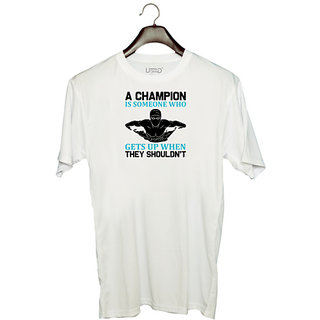                       UDNAG Unisex Round Neck Graphic 'Swimming | A Champion' Polyester T-Shirt White                                              