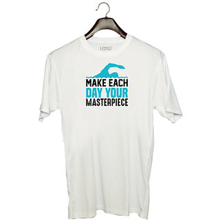                       UDNAG Unisex Round Neck Graphic 'Swimming | Make' Polyester T-Shirt White                                              