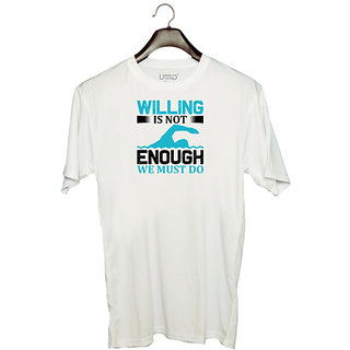                       UDNAG Unisex Round Neck Graphic 'Swimming | Willing' Polyester T-Shirt White                                              