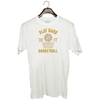                       UDNAG Unisex Round Neck Graphic 'Basketball | Play hard' Polyester T-Shirt White                                              