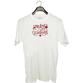                       UDNAG Unisex Round Neck Graphic 'Christmas | my first christmass' Polyester T-Shirt White                                              
