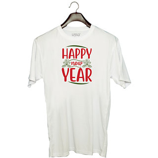                       UDNAG Unisex Round Neck Graphic 'Christmas | Happy new year' Polyester T-Shirt White                                              