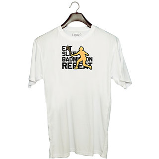                       UDNAG Unisex Round Neck Graphic 'Badminton | Eat copy 2' Polyester T-Shirt White                                              