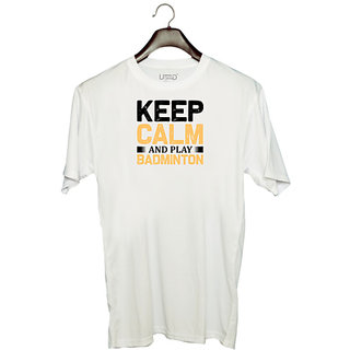                       UDNAG Unisex Round Neck Graphic 'Badminton | Keep calm copy' Polyester T-Shirt White                                              