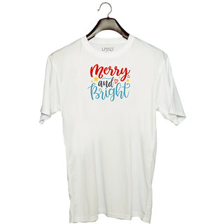                       UDNAG Unisex Round Neck Graphic 'Christmas | merry and brighttt' Polyester T-Shirt White                                              