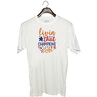                       UDNAG Unisex Round Neck Graphic 'Champion | livin that champions life' Polyester T-Shirt White                                              