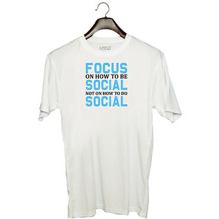                       UDNAG Unisex Round Neck Graphic 'Be Social | Focus' Polyester T-Shirt White                                              