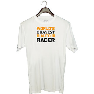                       UDNAG Unisex Round Neck Graphic 'Racer | World's copy' Polyester T-Shirt White                                              