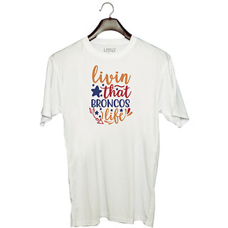                       UDNAG Unisex Round Neck Graphic 'Broncos | livin that broncos life' Polyester T-Shirt White                                              