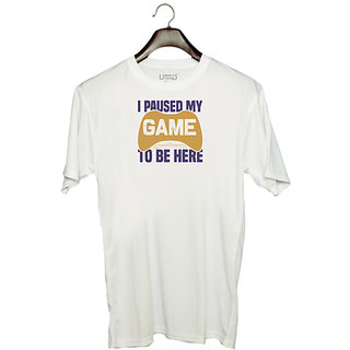                       UDNAG Unisex Round Neck Graphic 'Gaming | I paused' Polyester T-Shirt White                                              