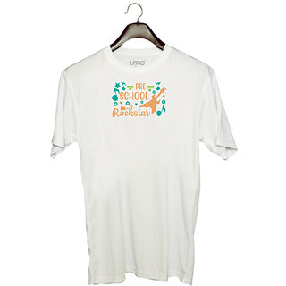                       UDNAG Unisex Round Neck Graphic 'Teacher Student | pre school rockstar' Polyester T-Shirt White                                              