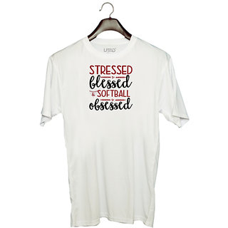                       UDNAG Unisex Round Neck Graphic 'Softball | stressed blessed softball obsessed' Polyester T-Shirt White                                              