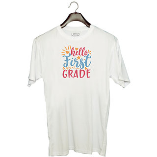                       UDNAG Unisex Round Neck Graphic 'Teacher Student | hello first gradee' Polyester T-Shirt White                                              