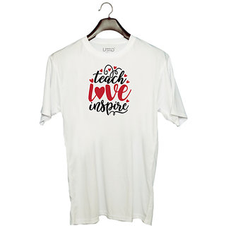                       UDNAG Unisex Round Neck Graphic 'Teacher Student | teach love inspire_2' Polyester T-Shirt White                                              