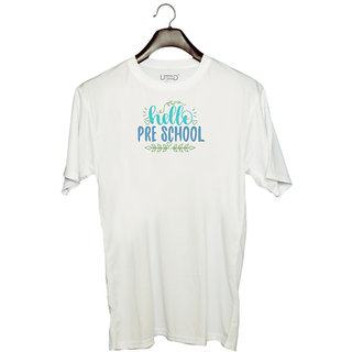                       UDNAG Unisex Round Neck Graphic 'Teacher Student | hello pre-school' Polyester T-Shirt White                                              