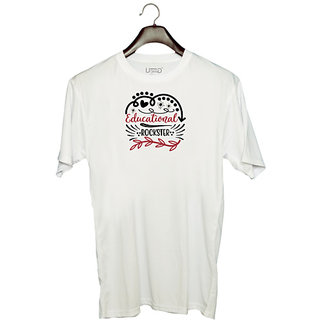                       UDNAG Unisex Round Neck Graphic 'Teacher Student | educational rockster' Polyester T-Shirt White                                              