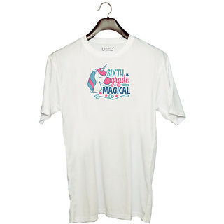                       UDNAG Unisex Round Neck Graphic 'Teacher Student | 6th grade is magical' Polyester T-Shirt White                                              