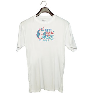                       UDNAG Unisex Round Neck Graphic 'Teacher Student | 5th grade is magical' Polyester T-Shirt White                                              