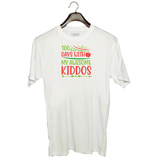                       UDNAG Unisex Round Neck Graphic 'Teacher Student | 100 days with my awesome kiddos' Polyester T-Shirt White                                              