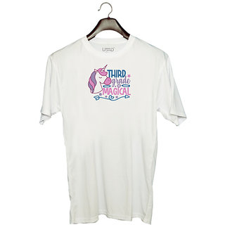                       UDNAG Unisex Round Neck Graphic 'Teacher Student | third grade is magical' Polyester T-Shirt White                                              
