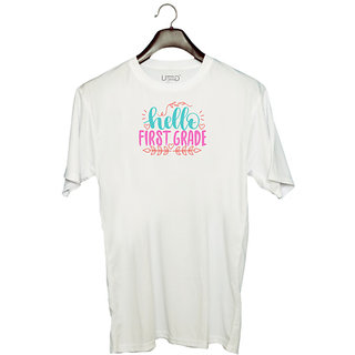                       UDNAG Unisex Round Neck Graphic 'Teacher Student | hello first grade' Polyester T-Shirt White                                              