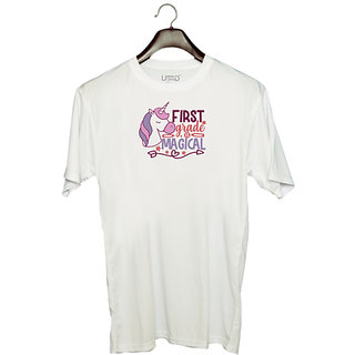                       UDNAG Unisex Round Neck Graphic 'Teacher Student | first grade is magical' Polyester T-Shirt White                                              