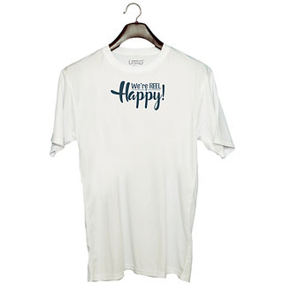                       UDNAG Unisex Round Neck Graphic 'Happy | We are reel happy' Polyester T-Shirt White                                              