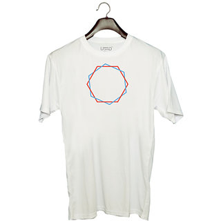                       UDNAG Unisex Round Neck Graphic 'Red blue hexagonal ring | Drawing' Polyester T-Shirt White                                              