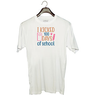                       UDNAG Unisex Round Neck Graphic 'Teacher Student | i kicked 100' Polyester T-Shirt White                                              