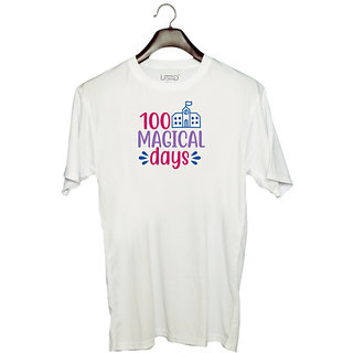                       UDNAG Unisex Round Neck Graphic 'Teacher Student | 100 magical dayssss' Polyester T-Shirt White                                              