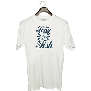                       UDNAG Unisex Round Neck Graphic 'Fishing | live long & fish' Polyester T-Shirt White                                              