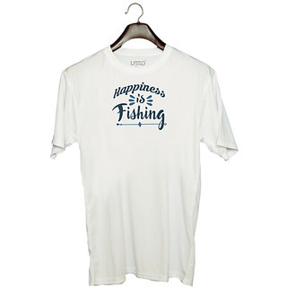                       UDNAG Unisex Round Neck Graphic 'Fishing | Happiness is fishing' Polyester T-Shirt White                                              