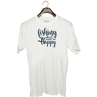                       UDNAG Unisex Round Neck Graphic 'Fishing | Fishing makes me happy' Polyester T-Shirt White                                              