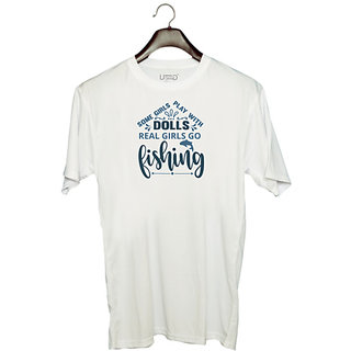                       UDNAG Unisex Round Neck Graphic 'Fishing | Some girl play with' Polyester T-Shirt White                                              
